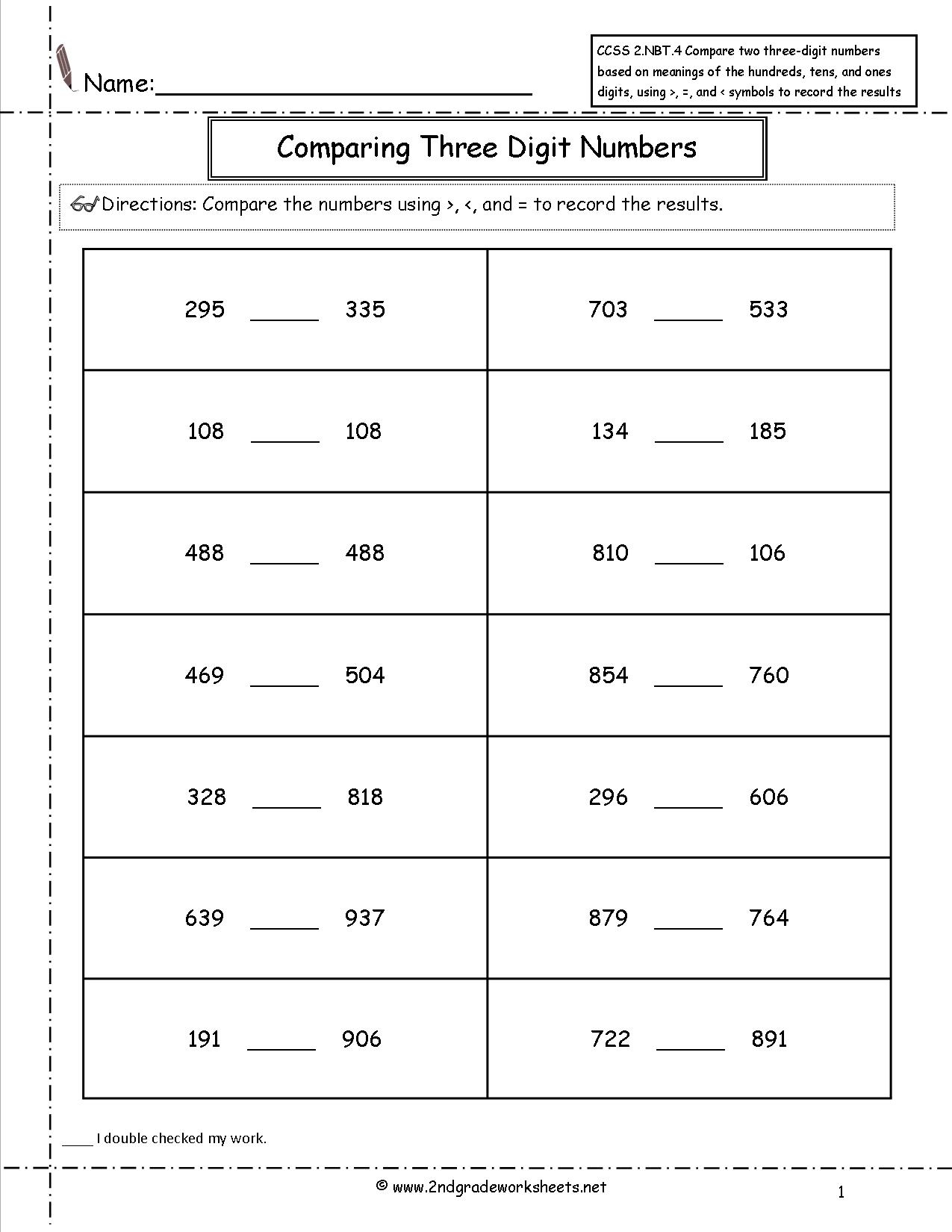 comparing 3 digit numbers worksheets