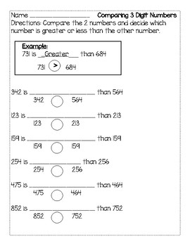 Comparing 3 Digit Numbers Worksheet By Tina The Teacher TPT