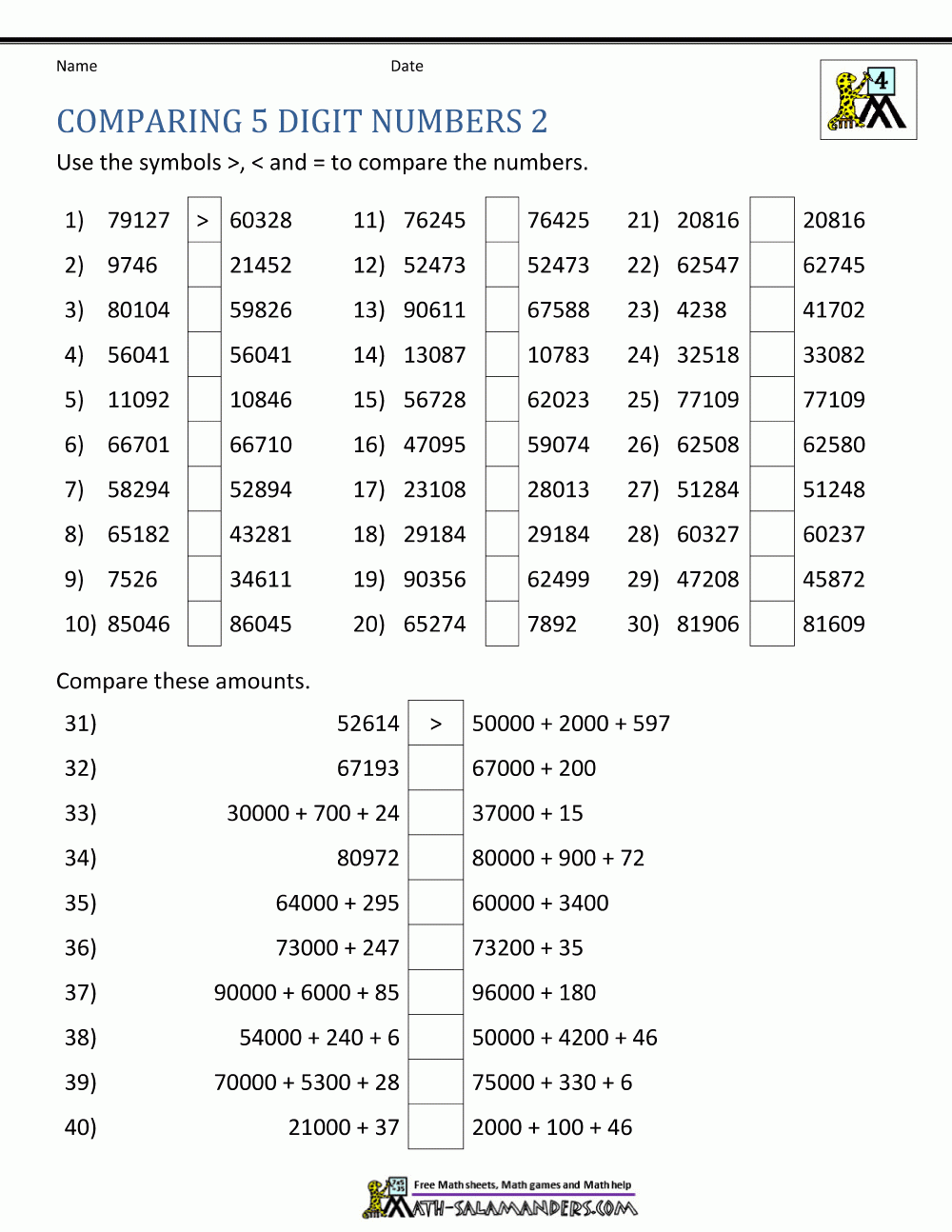 Comparing 4 Digit Numbers Worksheet Free Worksheets Printable