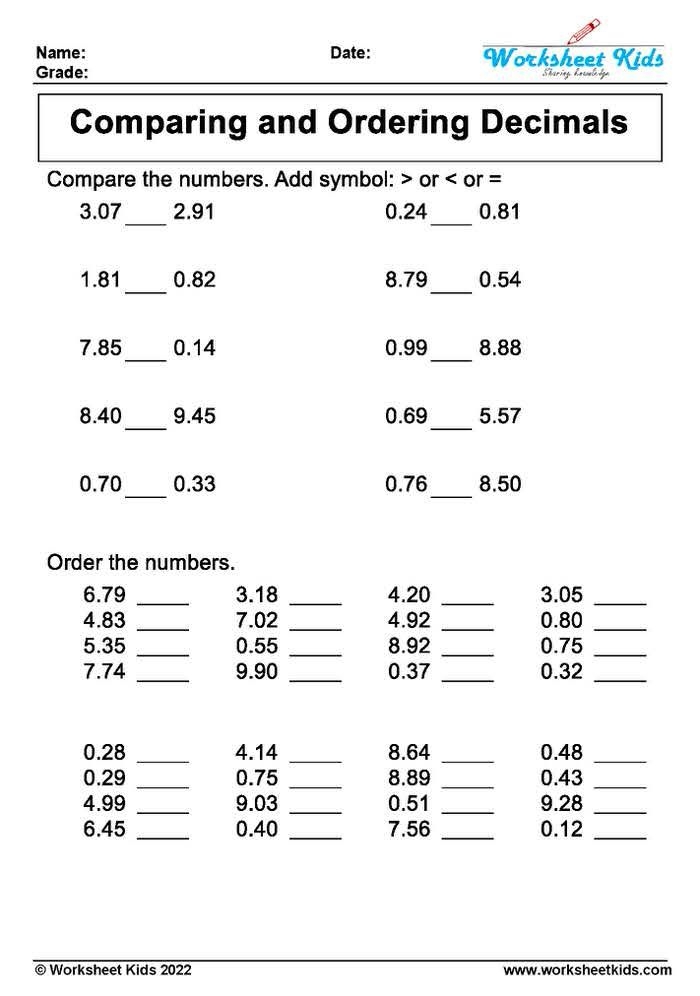 Comparing And Ordering Decimal Worksheets For Grade 4 And Grade 5 