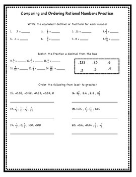 comparing and ordering rational numbers worksheet pdf