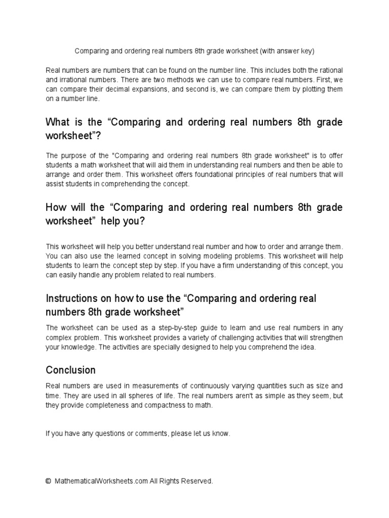 Comparing And Ordering Real Numbers 8th Grade Worksheet PDF 