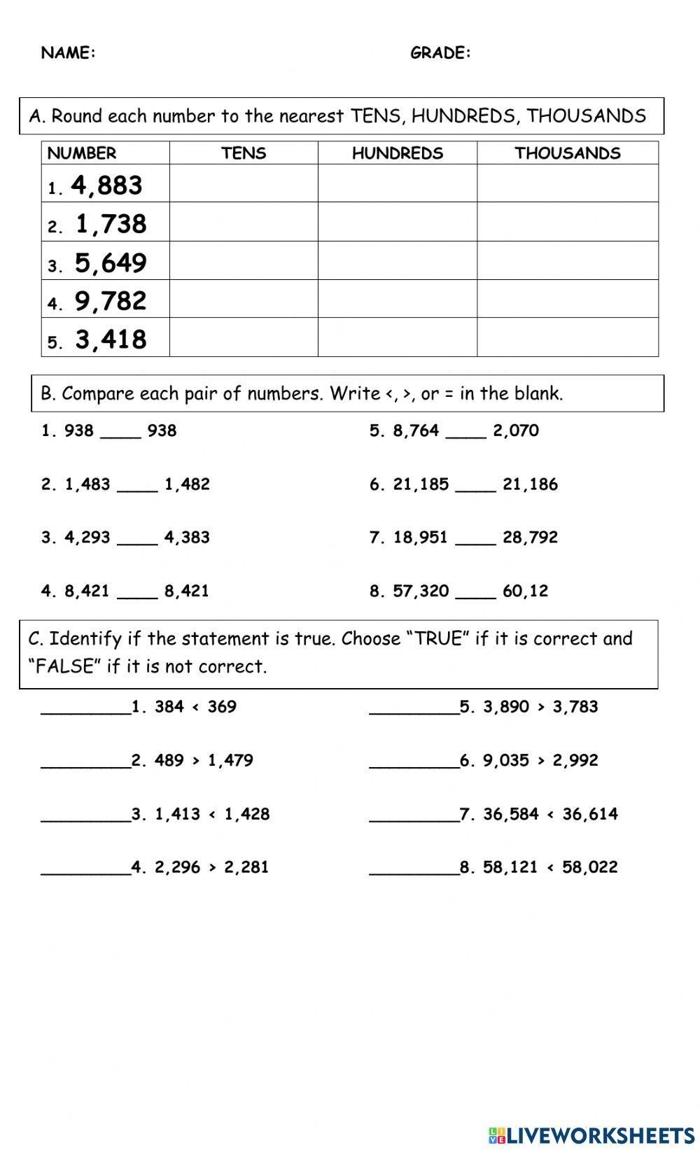 Comparing And Ordering Whole Numbers Up To 1000 Worksheet Worksheets