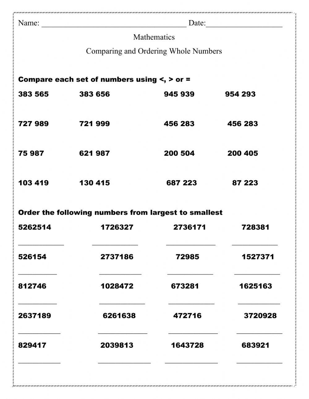 Comparing And Ordering Whole Numbers Worksheet Interactive 