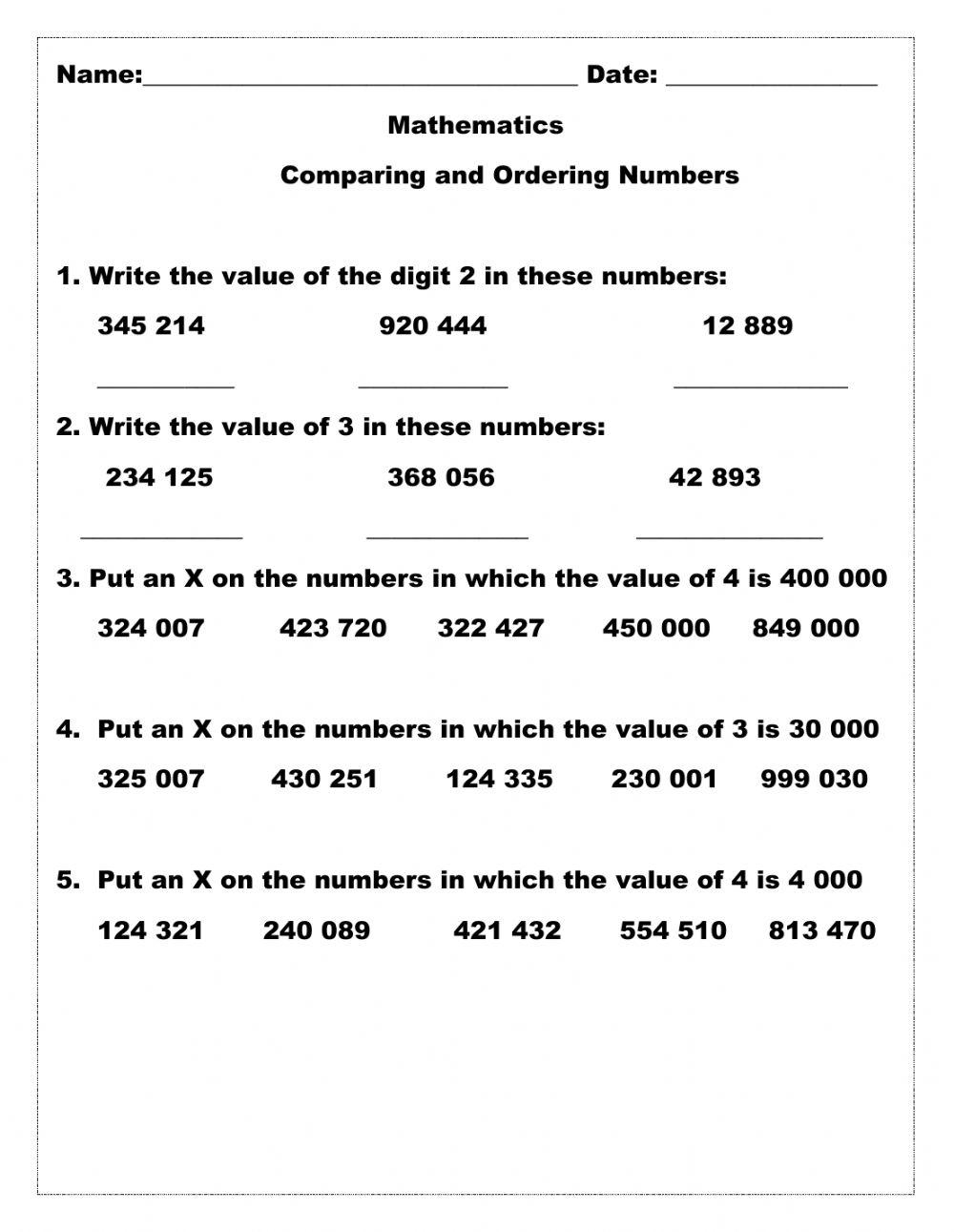 Comparing And Ordering Whole Numbers Worksheet Worksheets Library