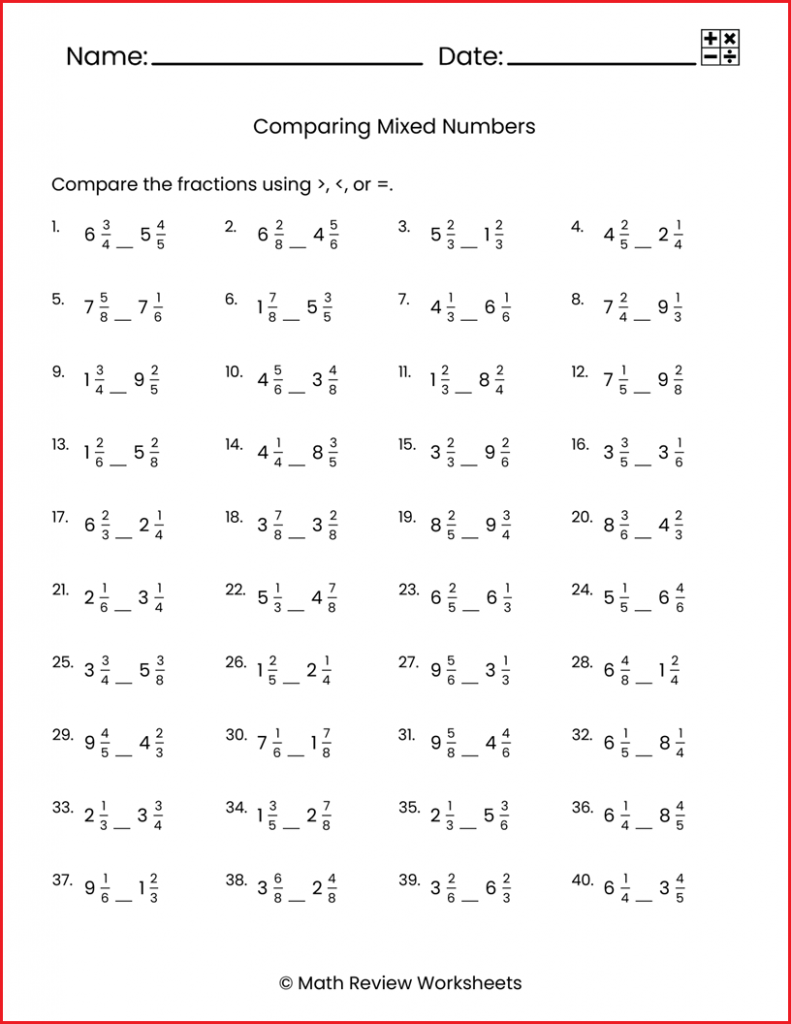 Comparing Mixed Numbers Math Review Worksheets Worksheets Library