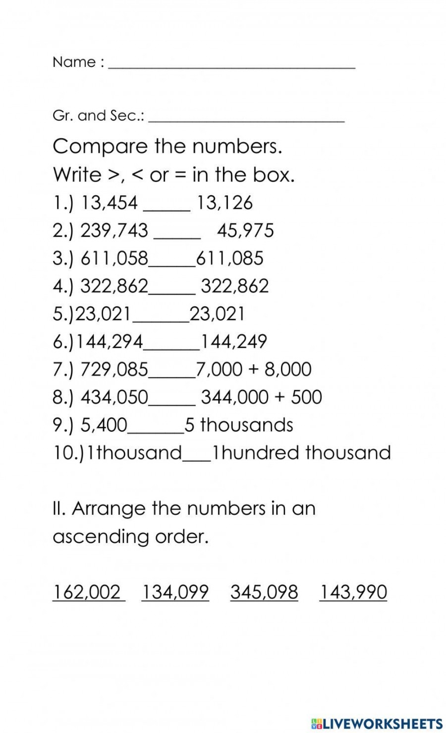 Comparing Numbers Grade 4 Worksheet Printable PDF Template