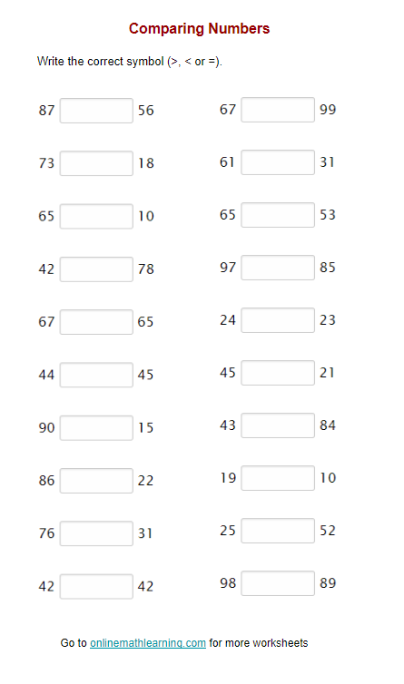 comparing numbers worksheet