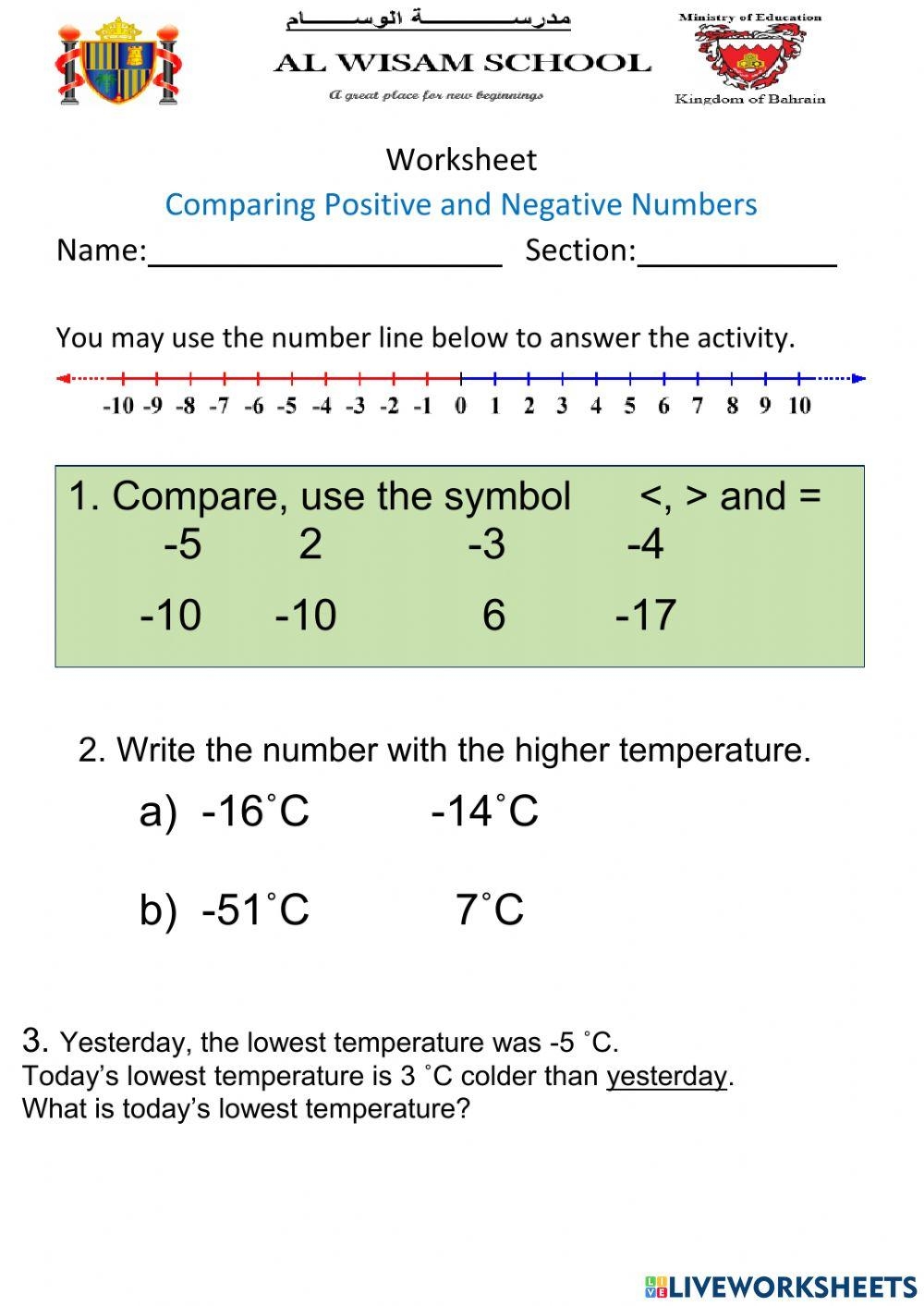 Comparing Positive And Negative Numbers Worksheet Live Worksheets 