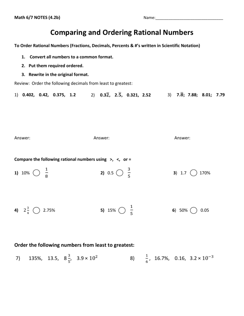 Comparing Rational Numbers Worksheet E streetlight