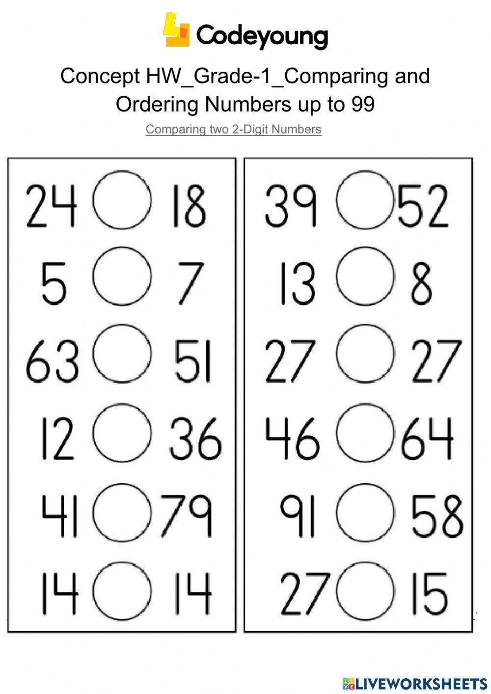 Comparing Two 2 Digit Numbers Concept HW Worksheet Live Worksheets 