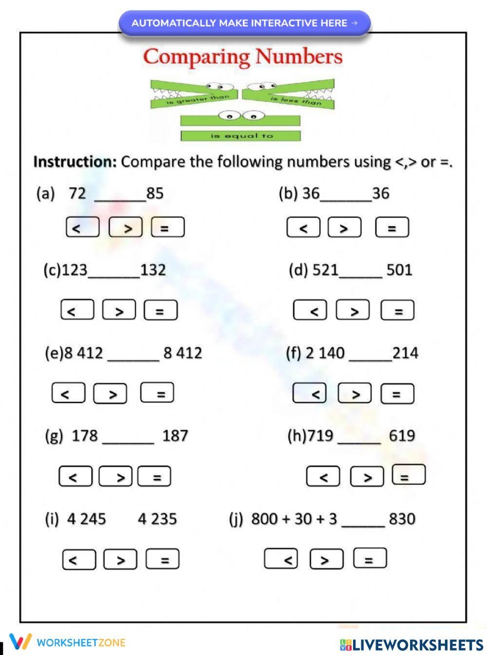 Comparing Whole Numbers Exercise Live Worksheets Worksheets Library