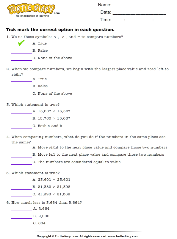 Comparing Whole Numbers Worksheet Turtle Diary
