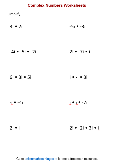 Complex Number Worksheets printable Online Answers Examples 