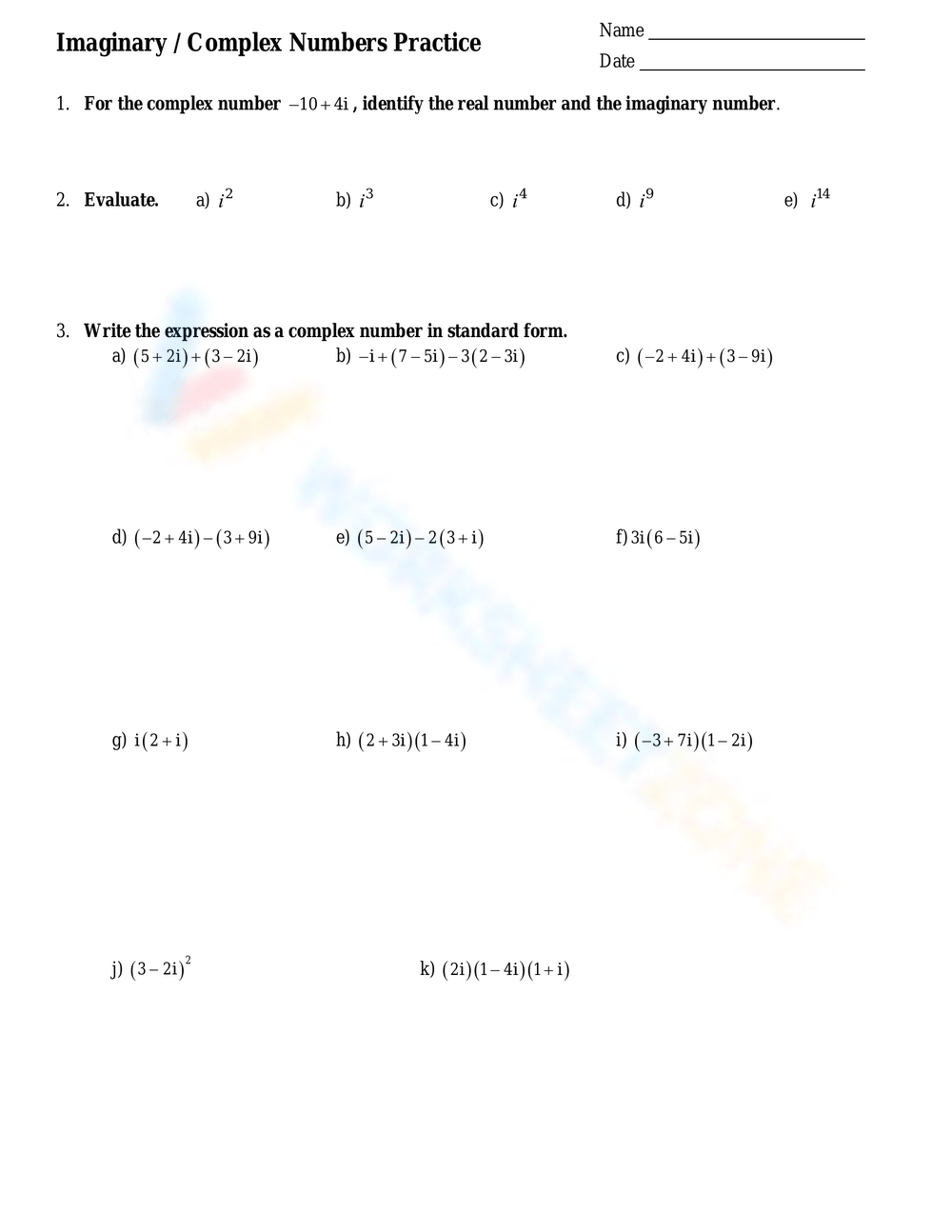 imaginary numbers worksheet