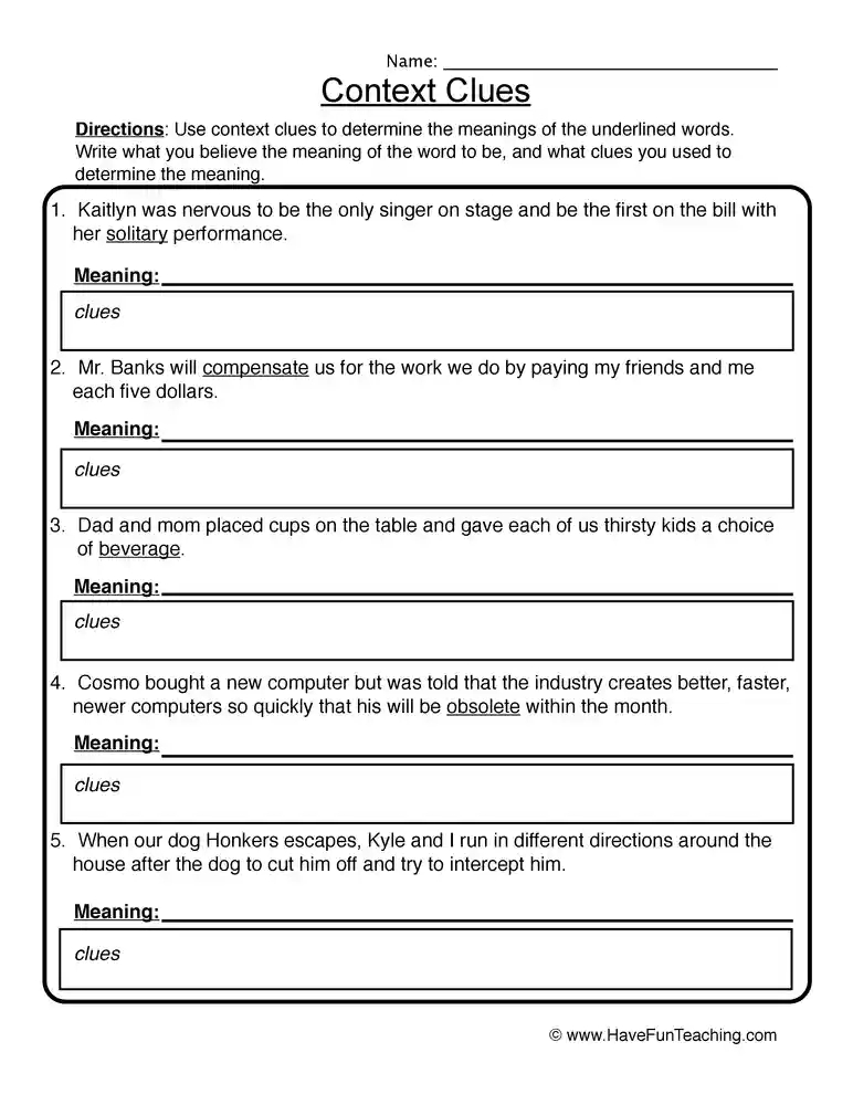 free printable context clues games