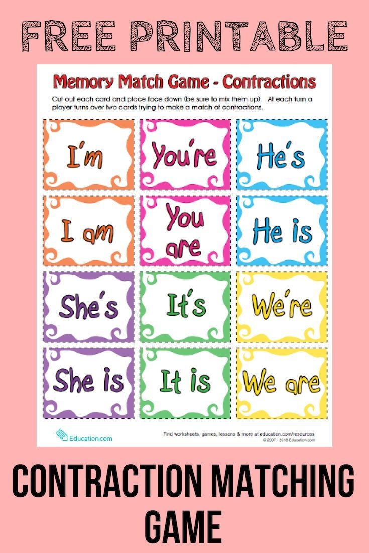 Contraction Matching Game Worksheet Education Matching Games