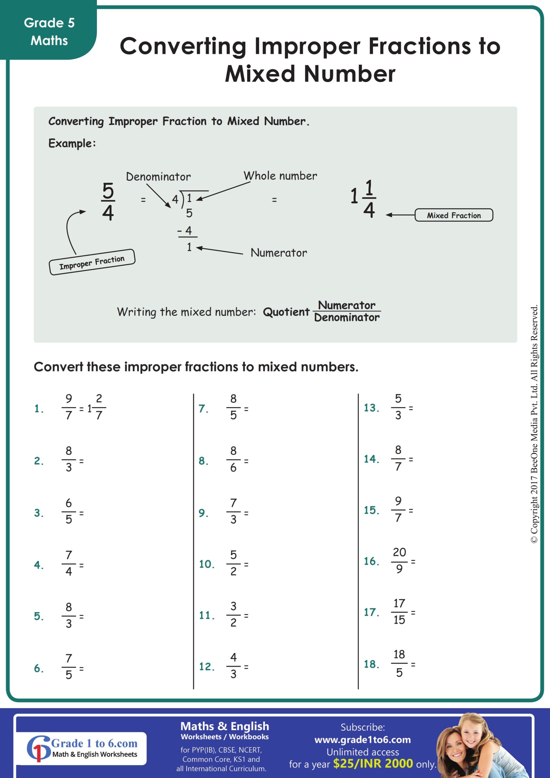 Converting Mixed Numbers Improper Fractions WORKSHEET For Students 