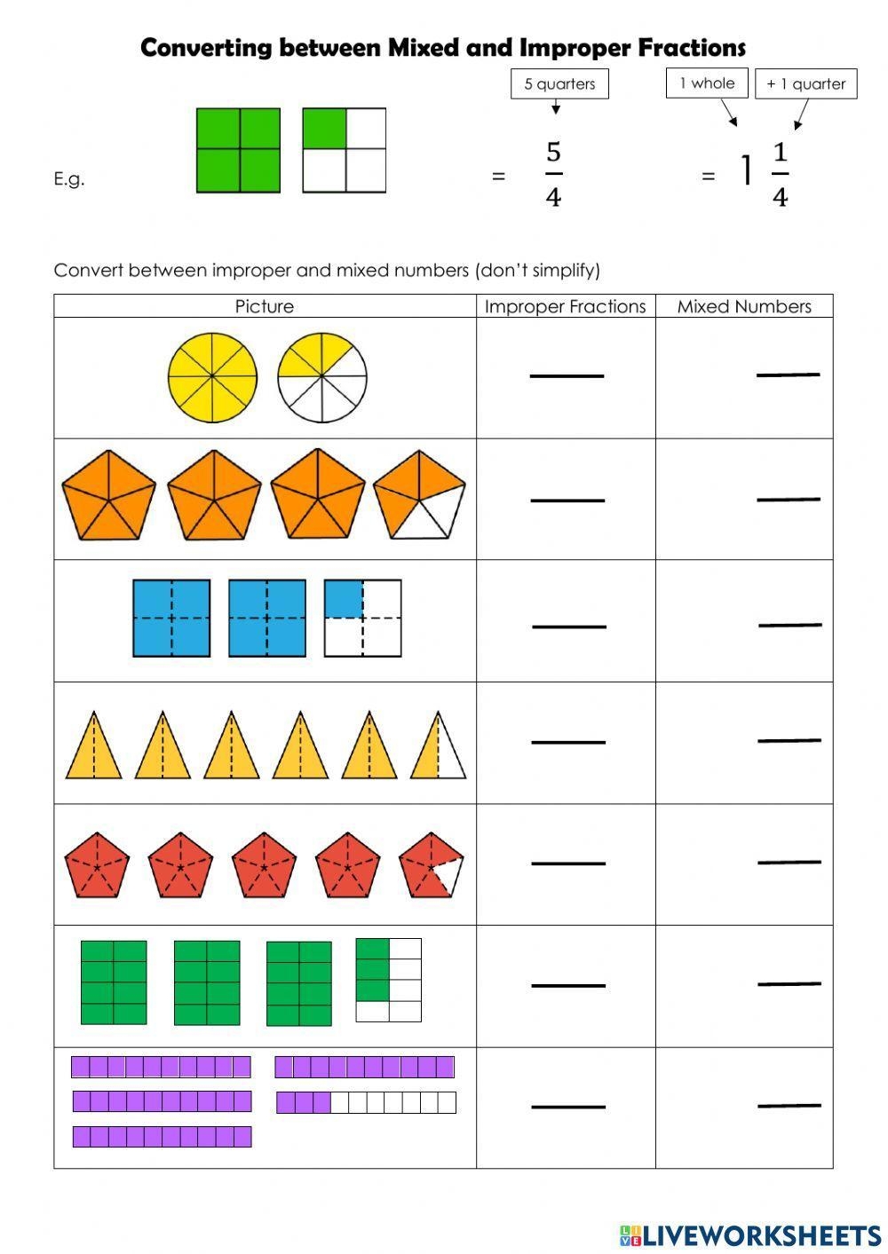 worksheet on changing improper fractions to mixed numbers