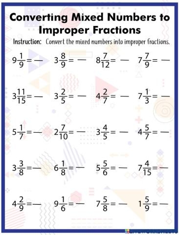 converting mixed numbers to improper fractions worksheet