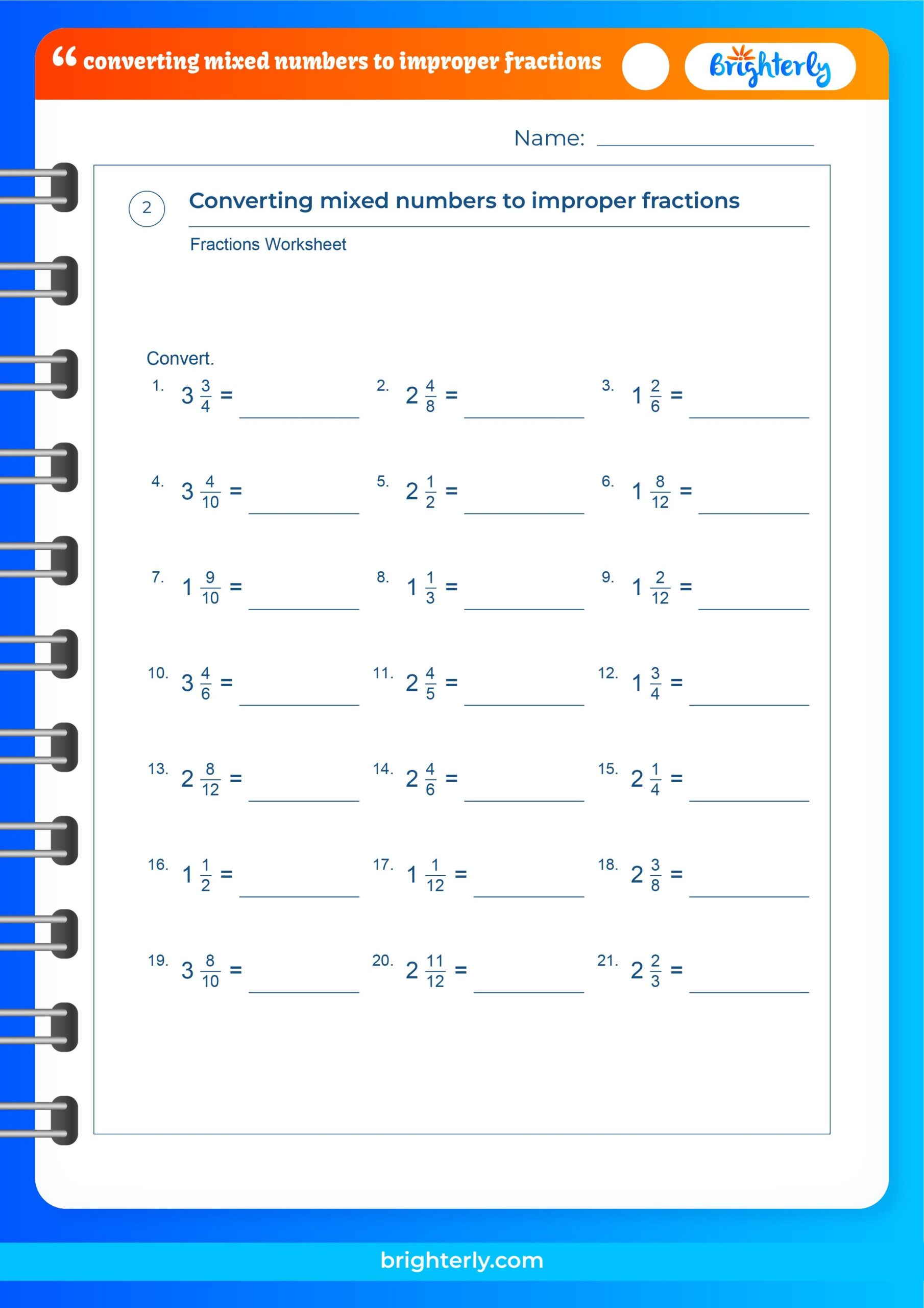 Converting Mixed Numbers To Improper Fractions Worksheets PDFs 
