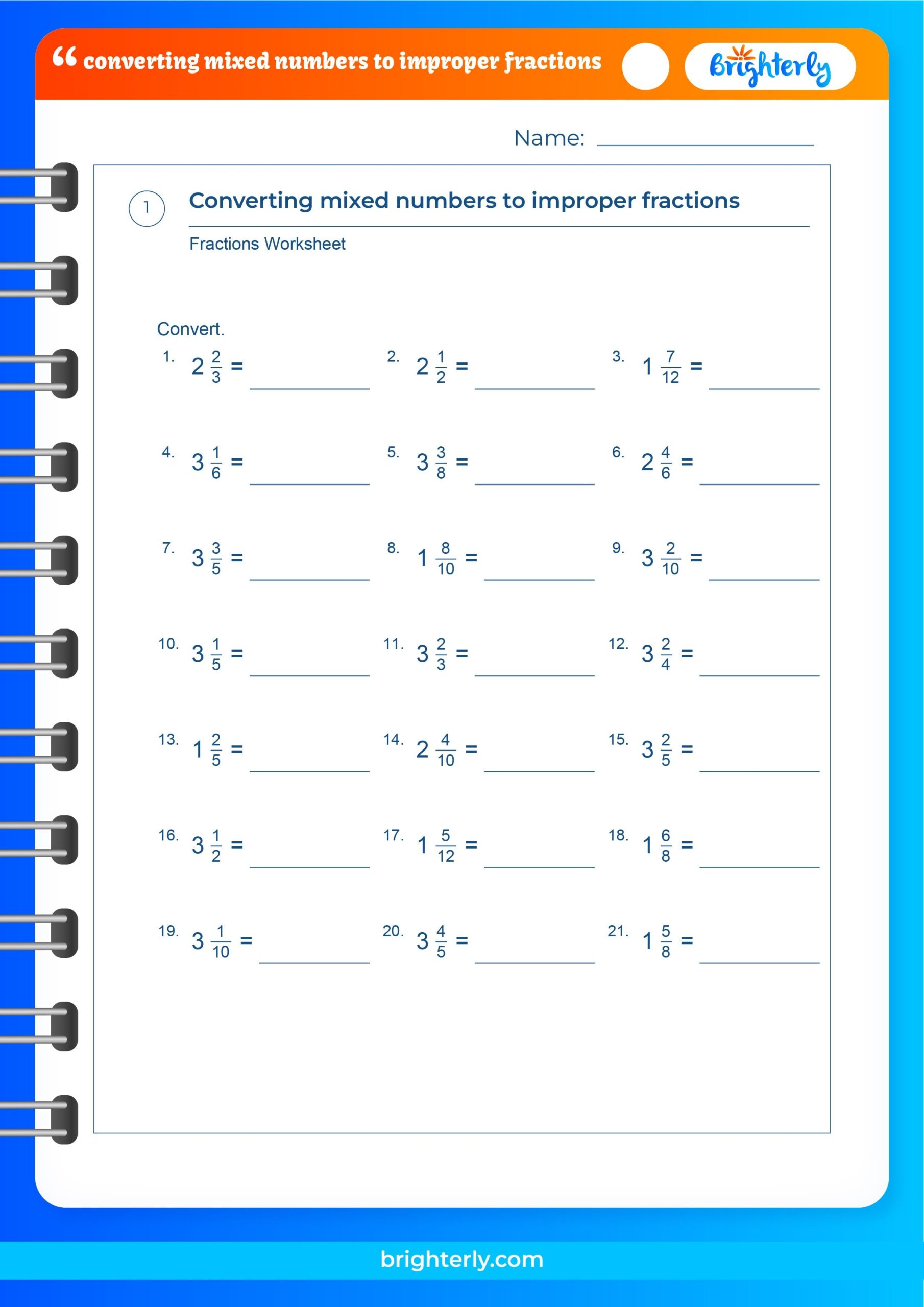 Converting Mixed Numbers To Improper Fractions Worksheets PDFs 