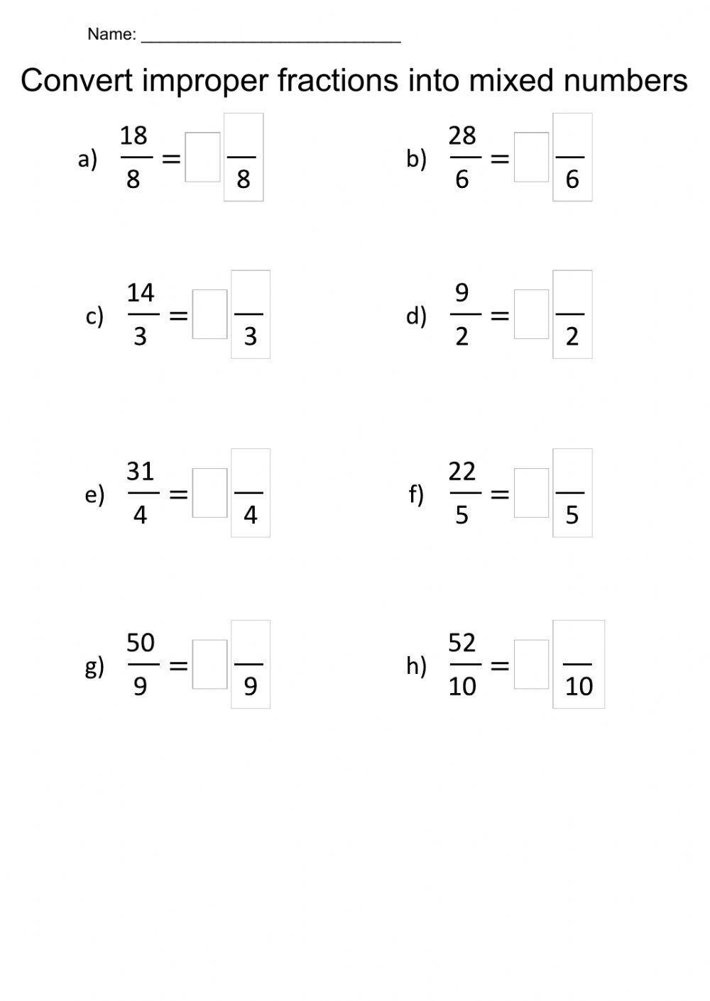 converting improper fractions to mixed numbers worksheets