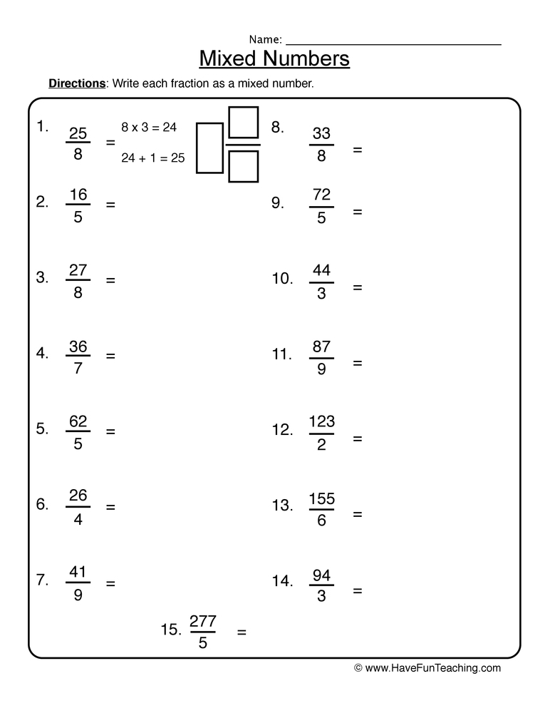 Converting To Mixed Numbers Worksheet Have Fun Teaching 