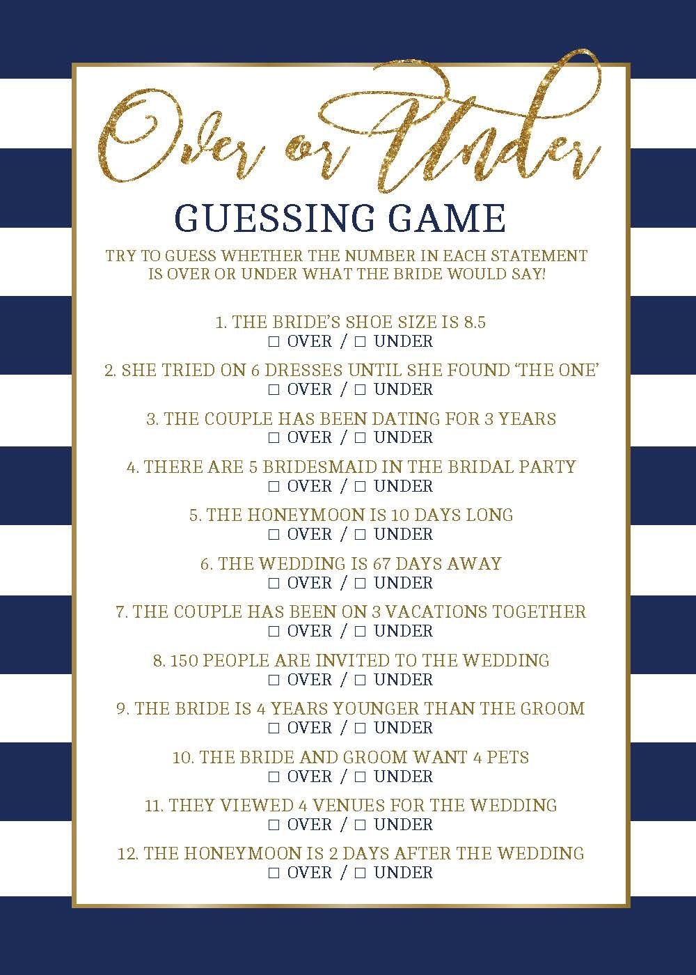 Cool Over Under Game Bridal Shower Ideas