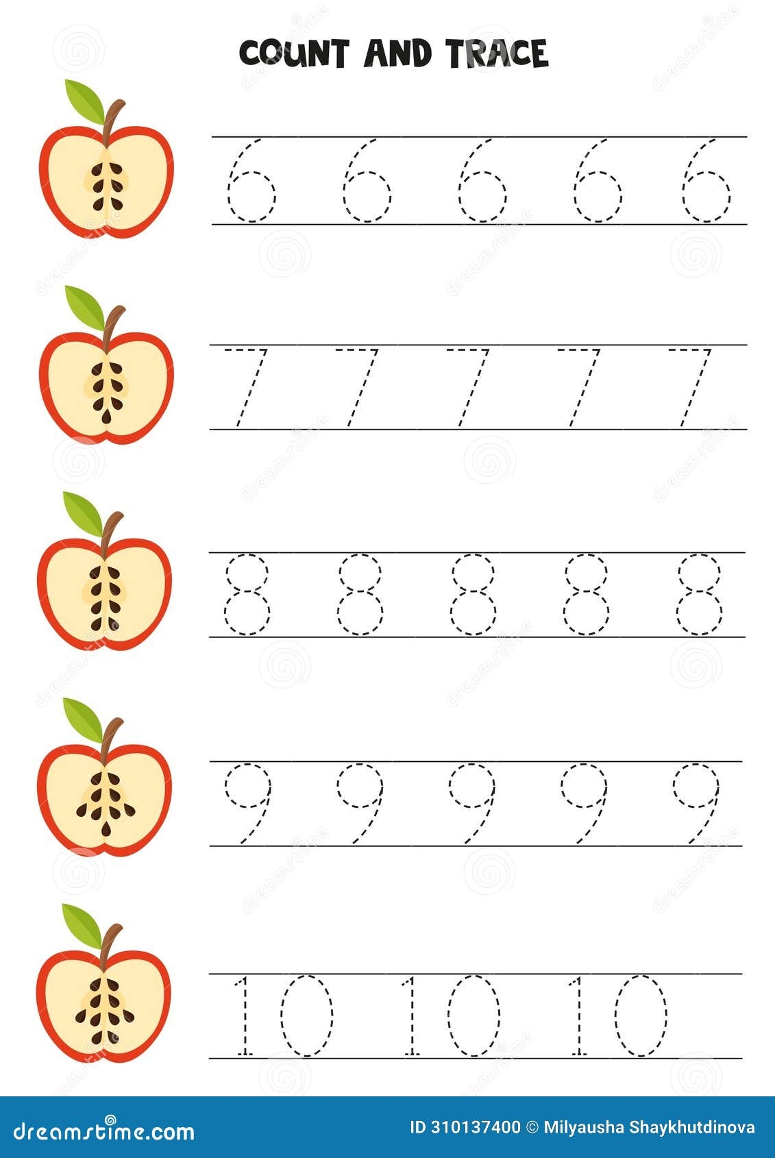 Count Apple Seeds Trace Numbers 6 10 Worksheet For Kids Stock Vector 