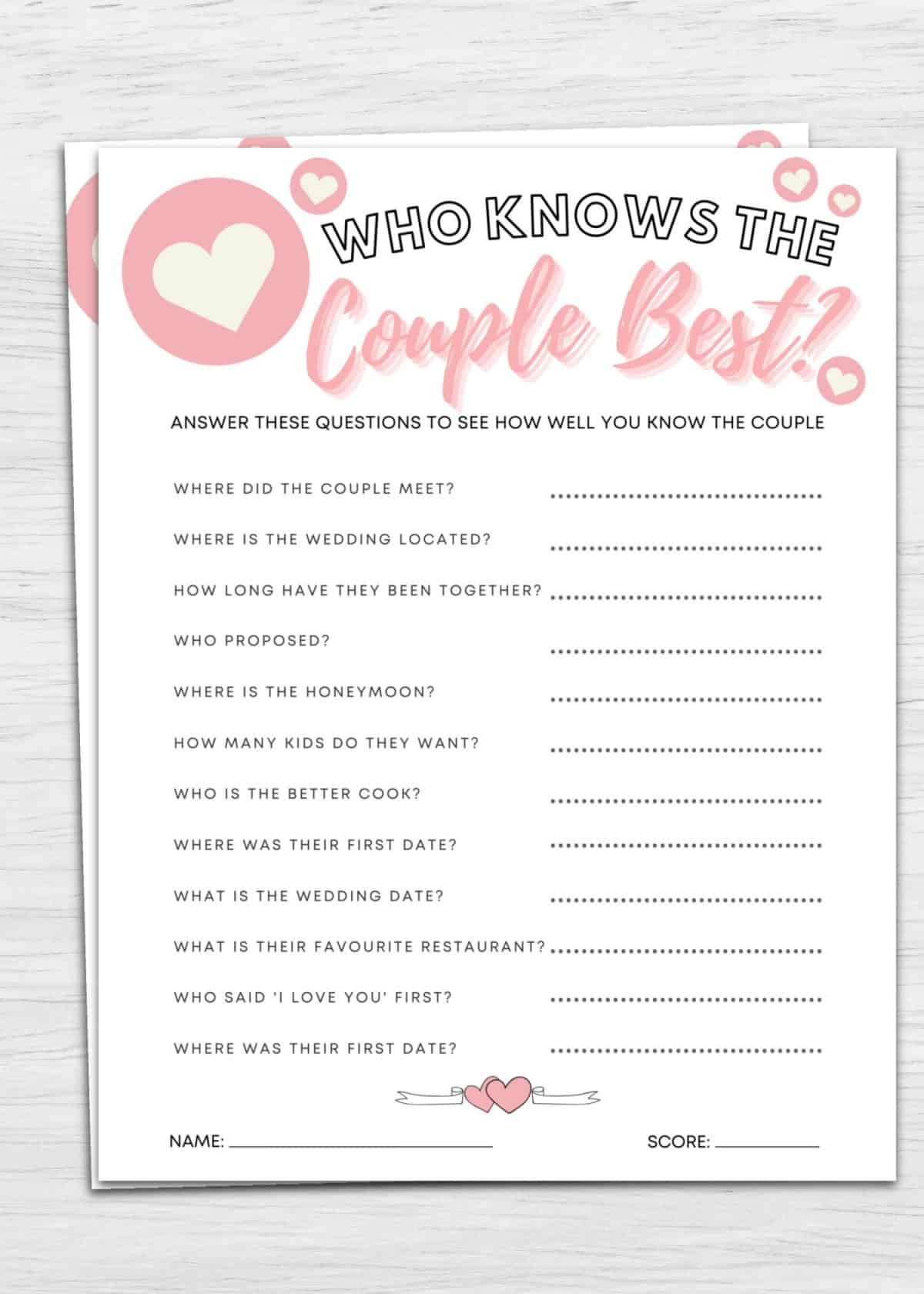 Couples Shower Games Printable