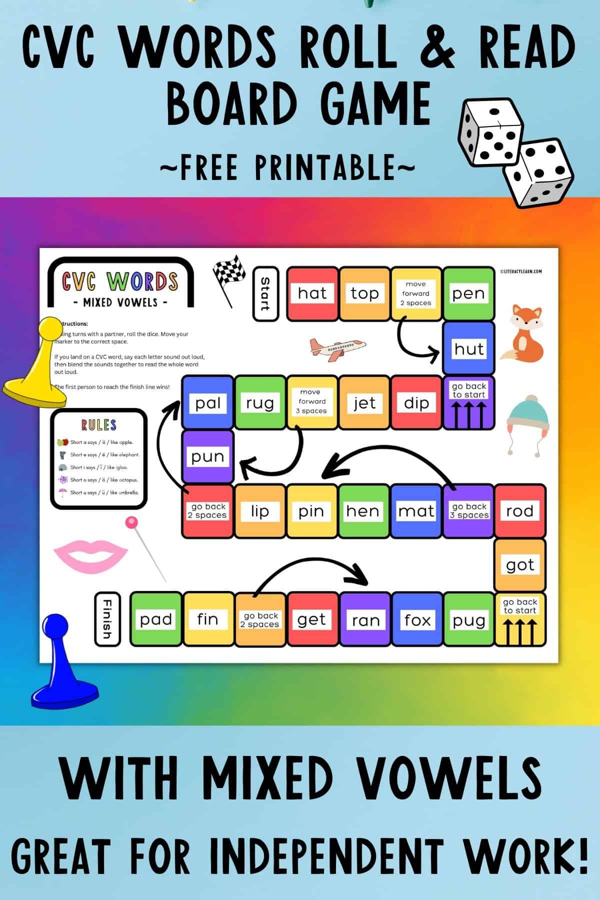 CVC Words Board Game Free Printable Literacy Learn Worksheets Library