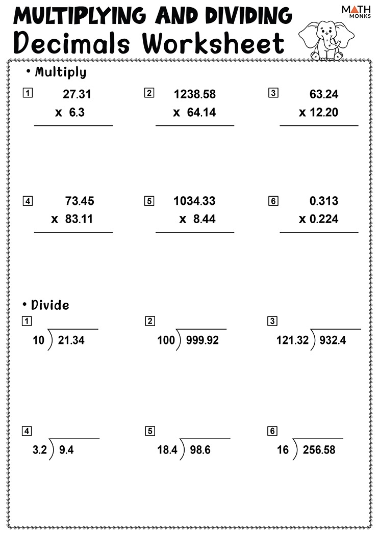 multiplication with decimals and whole numbers worksheets