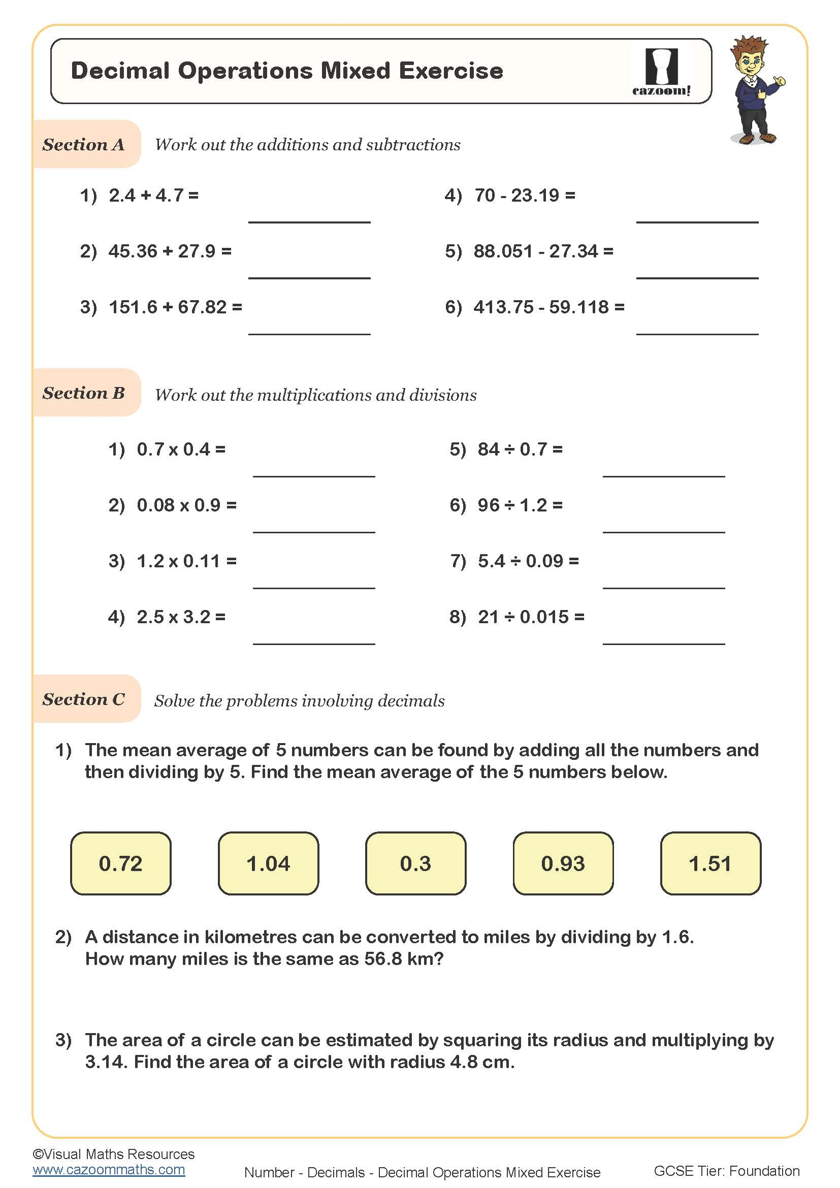 Decimal Operations Mixed Exercise Worksheet Printable PDF