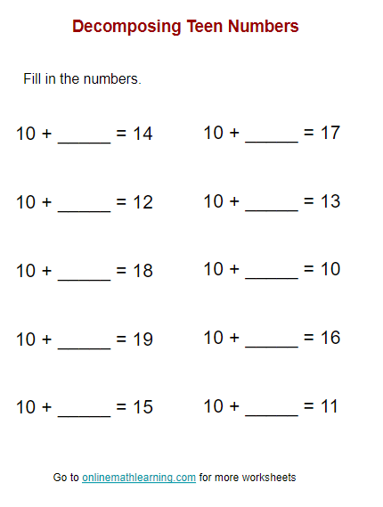 Decompose Teen Number Worksheets Kindergarten Printable Worksheets 