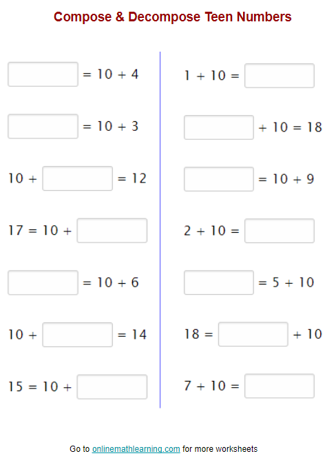 Decomposing Teen Numbers Worksheets Instant Download Printable PDF 