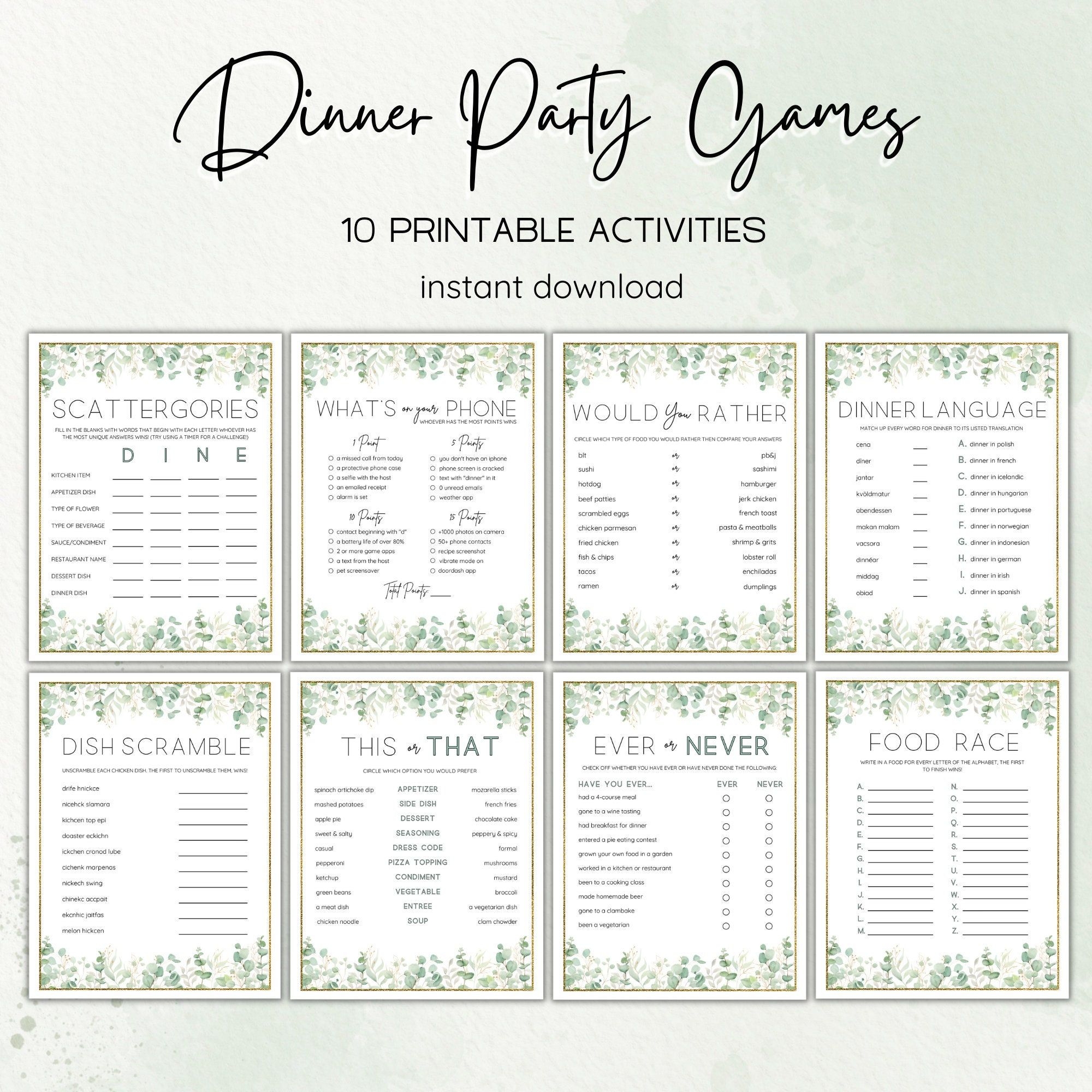 Dinner Party Games Printable Dinner Party Activities Minimalist Party 