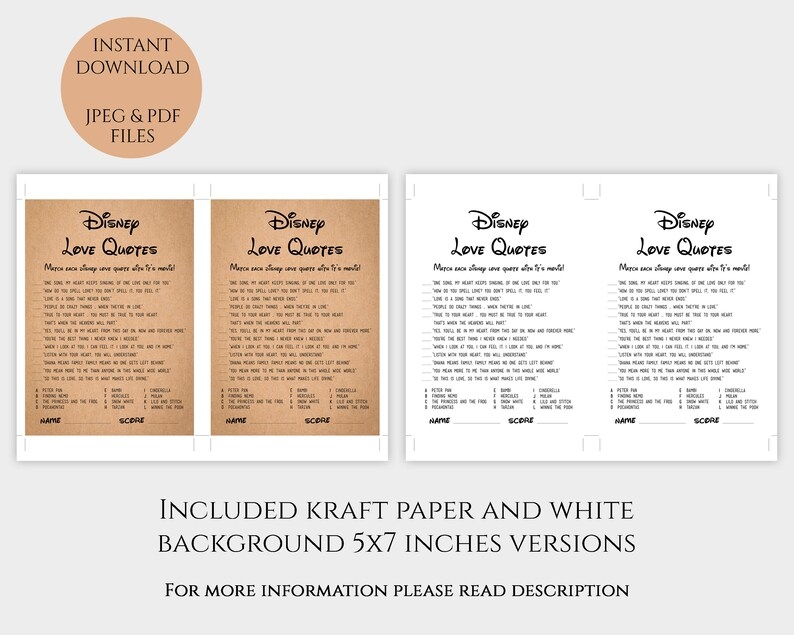 Disney Love Quotes Matching Game Rustic Bridal Shower Etsy