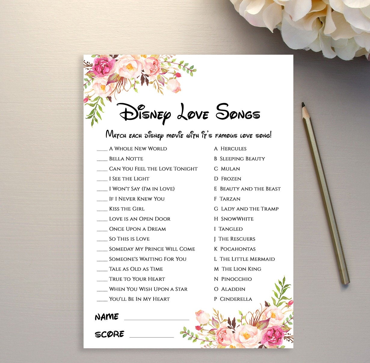 Disney Love Song Game Printable Disney Love Songs Bridal Etsy