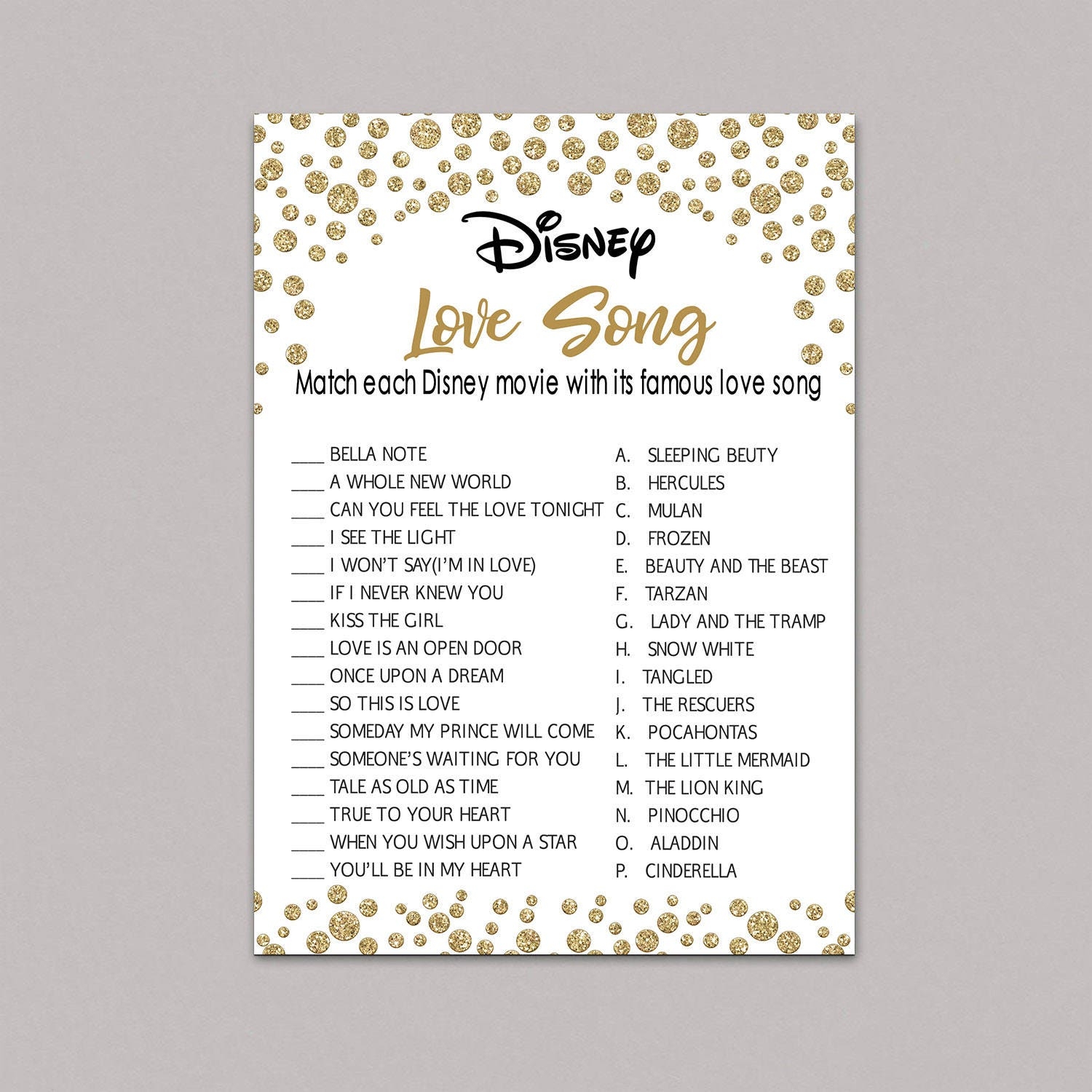 Disney Love Song Game Printable Instant Download Gold Etsy