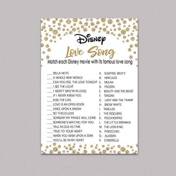 Disney Love Song Game Printable Instant Download Gold Etsy