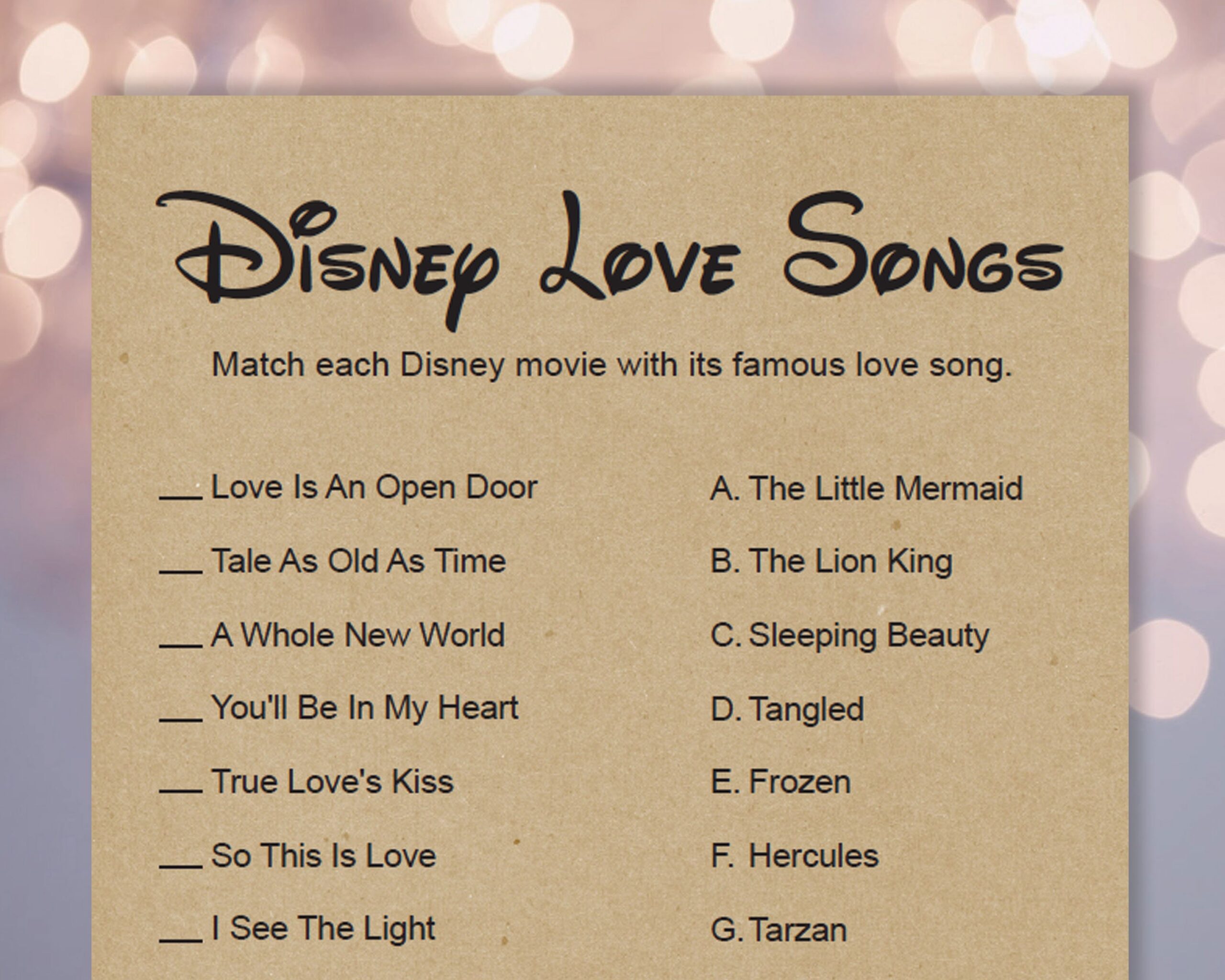 free printable disney love song game