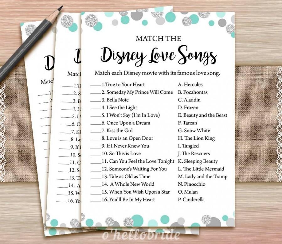 Disney Love Songs Bridal Shower Game Printable Mint Turquoise Bridal