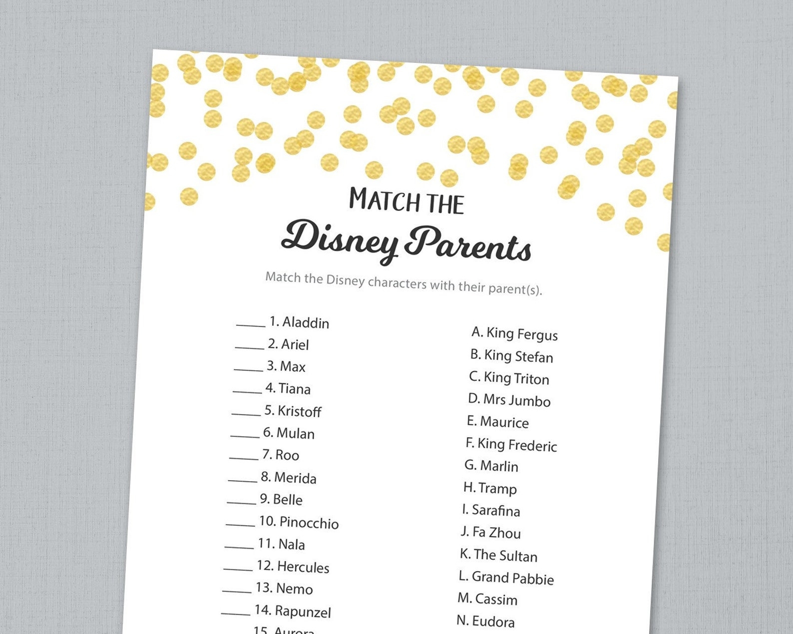 Disney Parent Match Game Printable Baby Shower Games Match Etsy