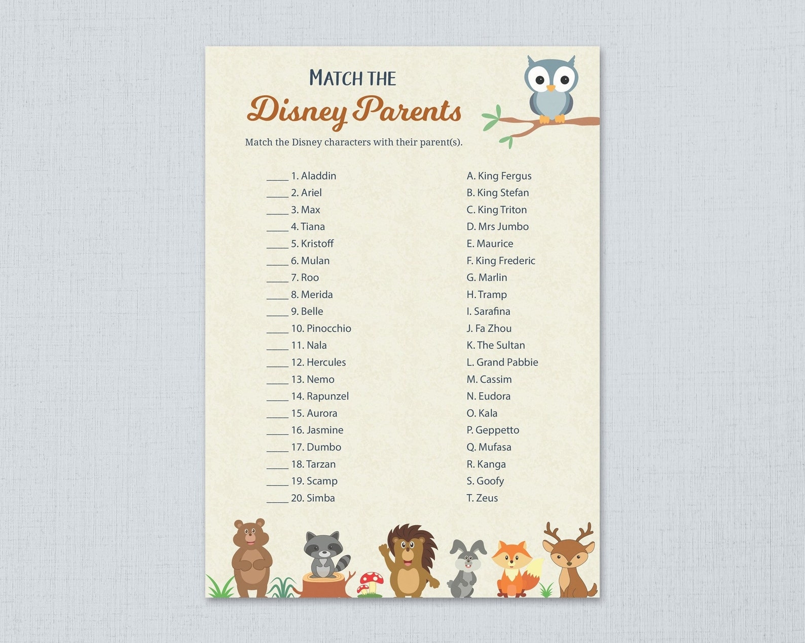 Disney Parent Match Game Printable Baby Shower Games Match Etsy