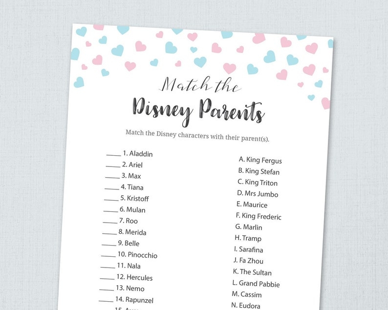 Disney Parent Match Game Printable Girl Baby Shower Games Etsy