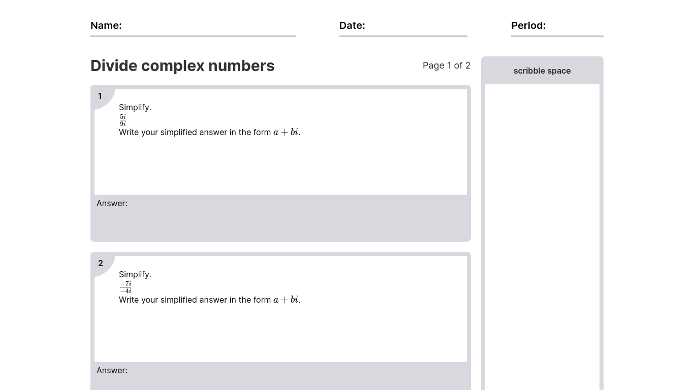 Divide Complex Numbers Worksheets PDF Algebra 2 Math