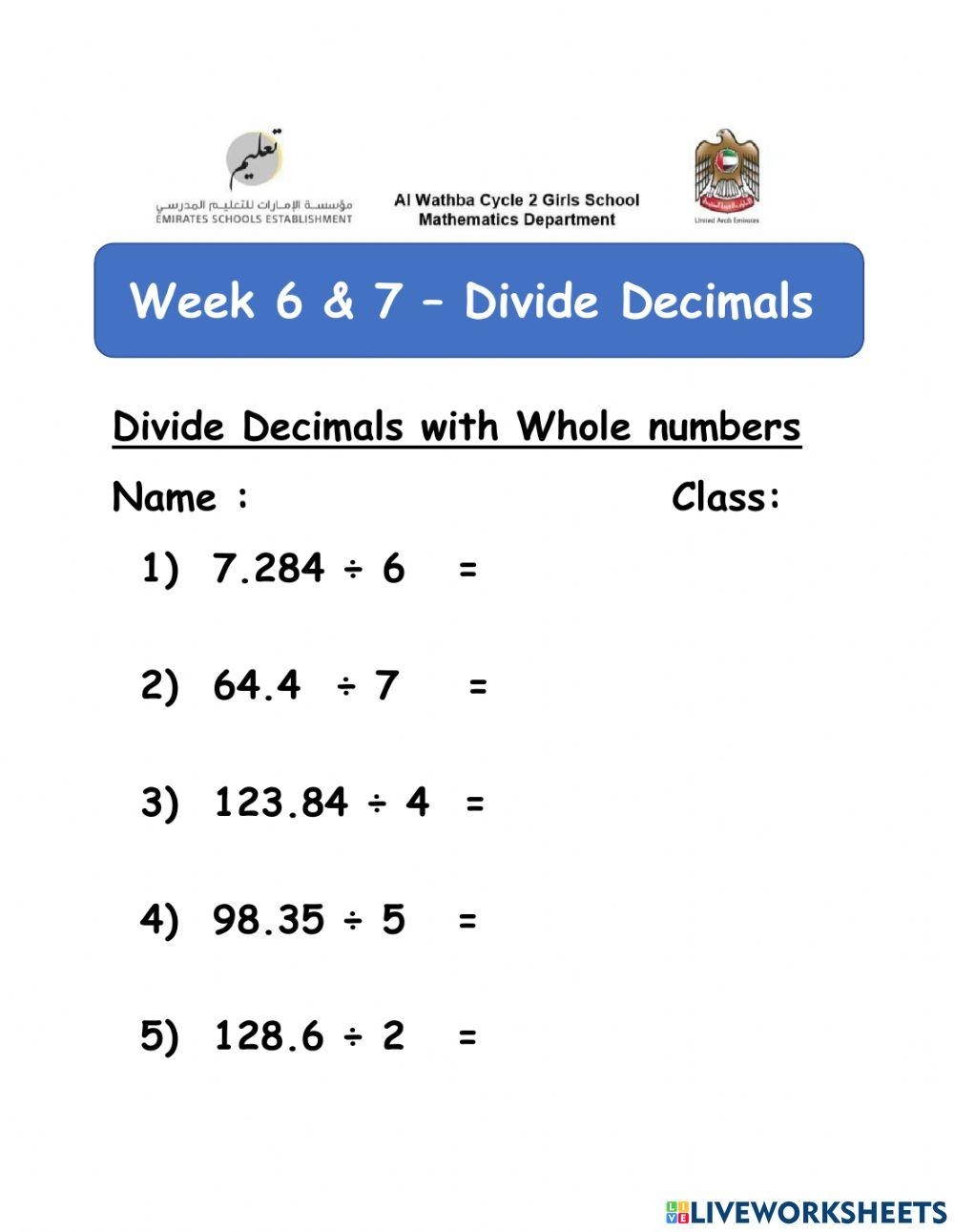 Divide Decimals By Whole Numbers Worksheet For 3rd 5th Grade 