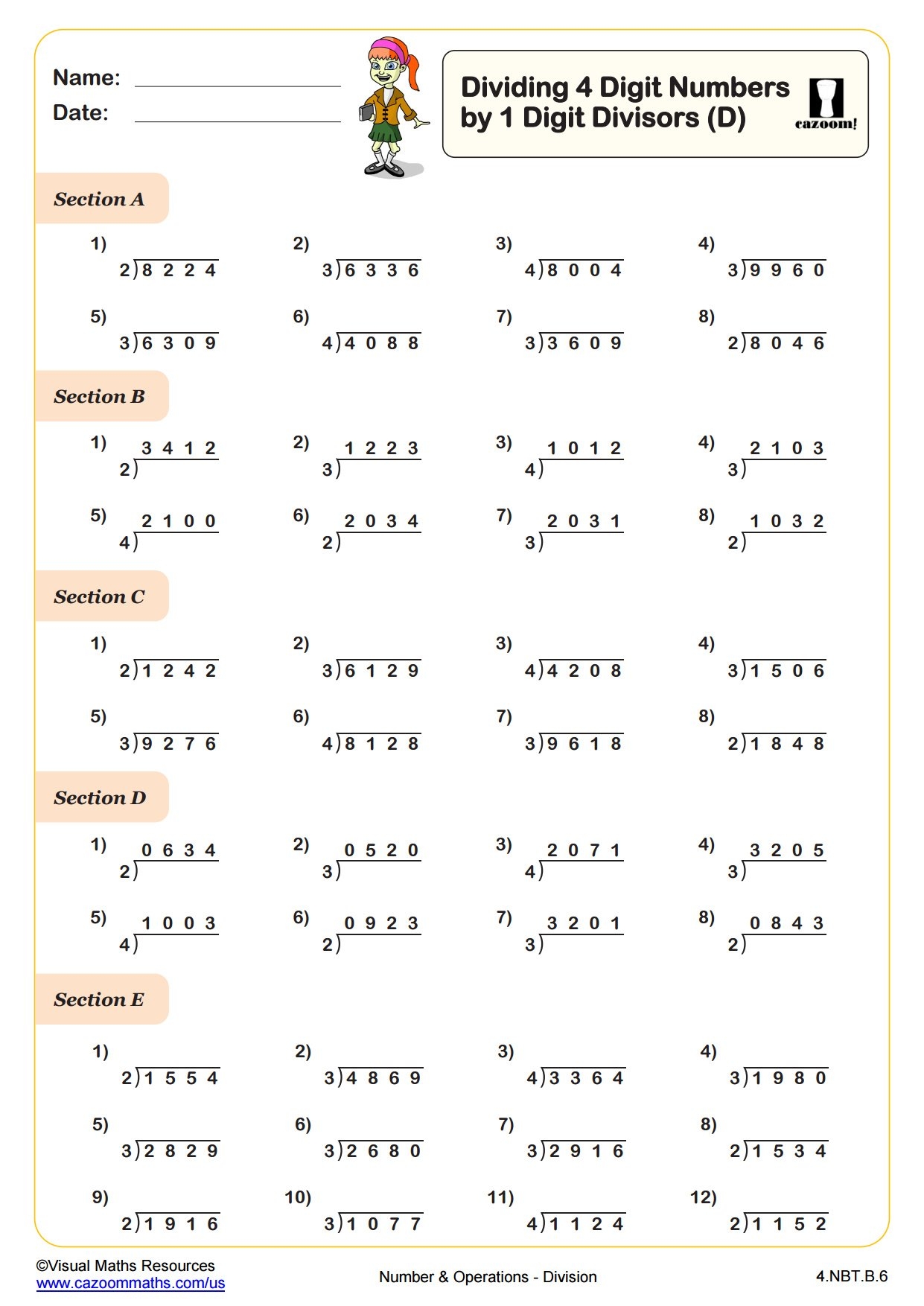 Dividing 4 Digit Numbers By 1 Digit Divisors D 4th Grade PDF Number 