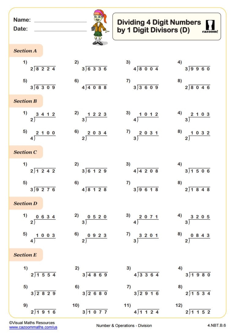 Dividing 4 Digit Numbers By 1 Digit Divisors D 4th Grade PDF Number 